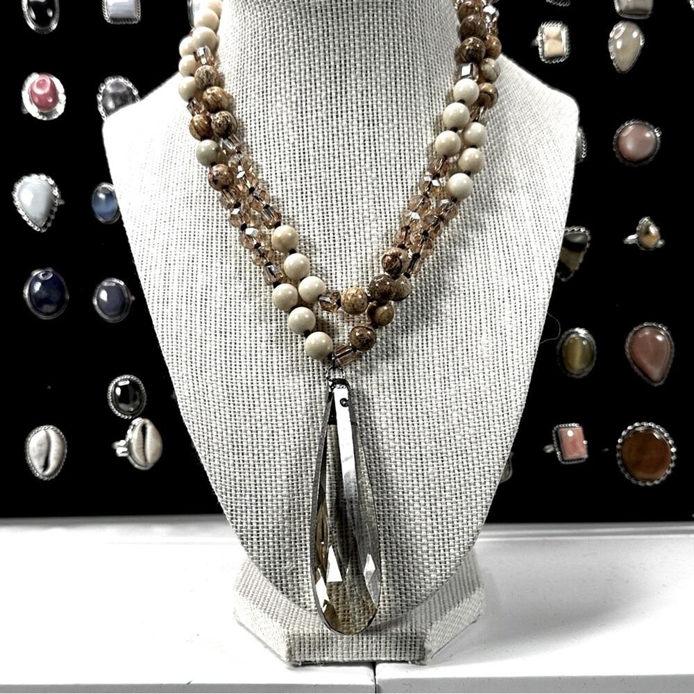 Glass drop pendant beaded necklace Jasper beaded hand knotted 32”